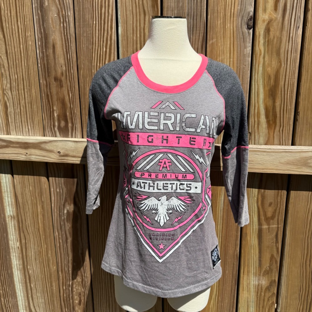 American Fighter Womens Large Raglan 3/4 Sleeve Shirt Gray Pink Grunge Y2K